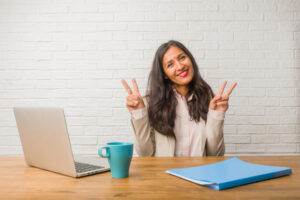 young indian woman office fun happy positive natural doing gesture victory peace concept 1187 15218 300x200 - انجام فصل یک پایان نامه | انجام فصل دو پایان نامه
